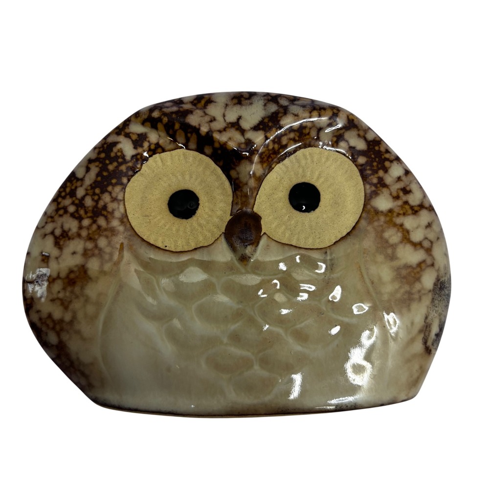 Vintage Ceramic Owl Figurine Brown Tan Speckled Glaze Bird Decor 4 Inch